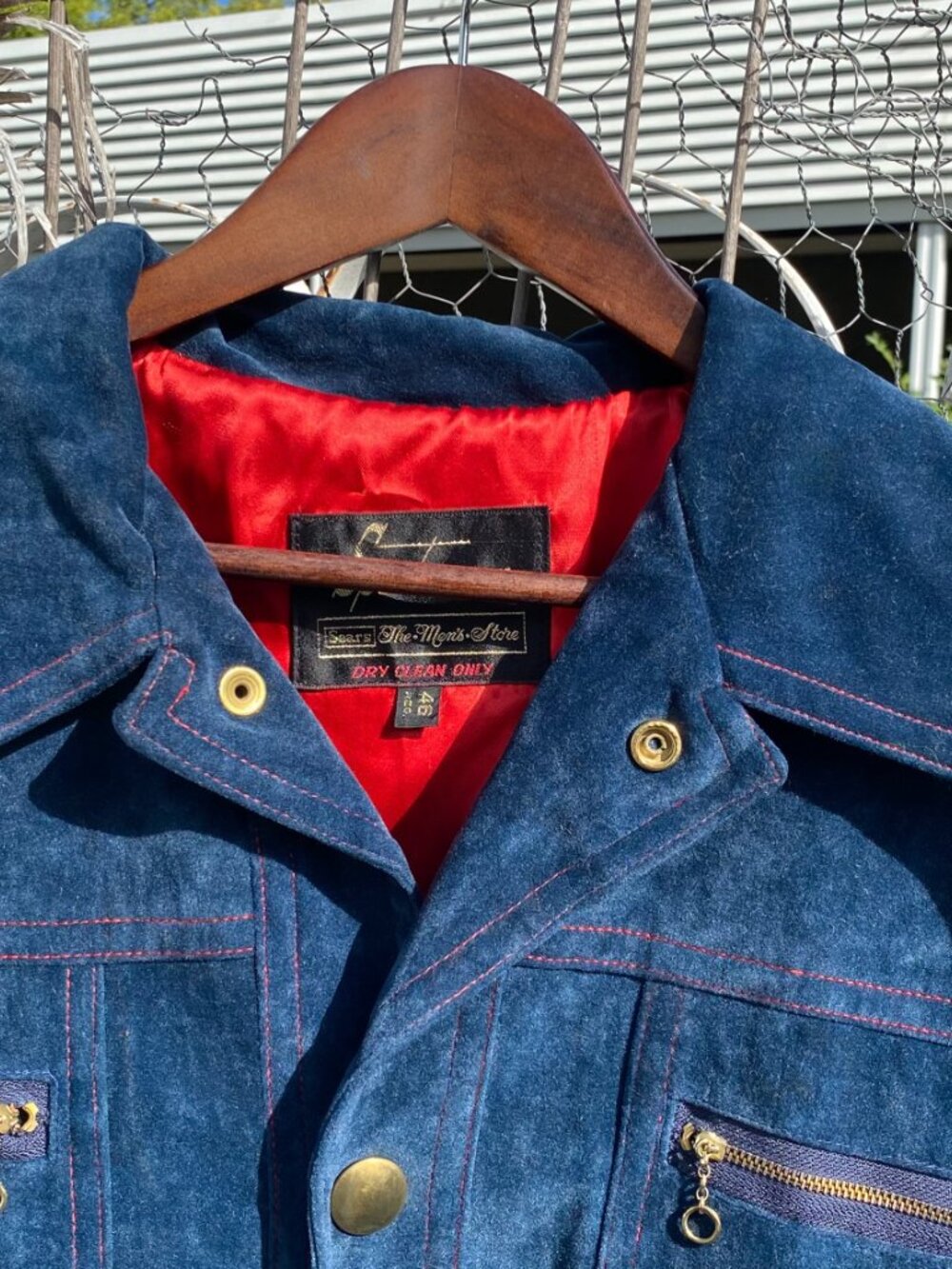 1970s Sears The Men's Store Sportswear Blue Suede Velour Safari Chore Jacket 46 - Picture 4 of 13
